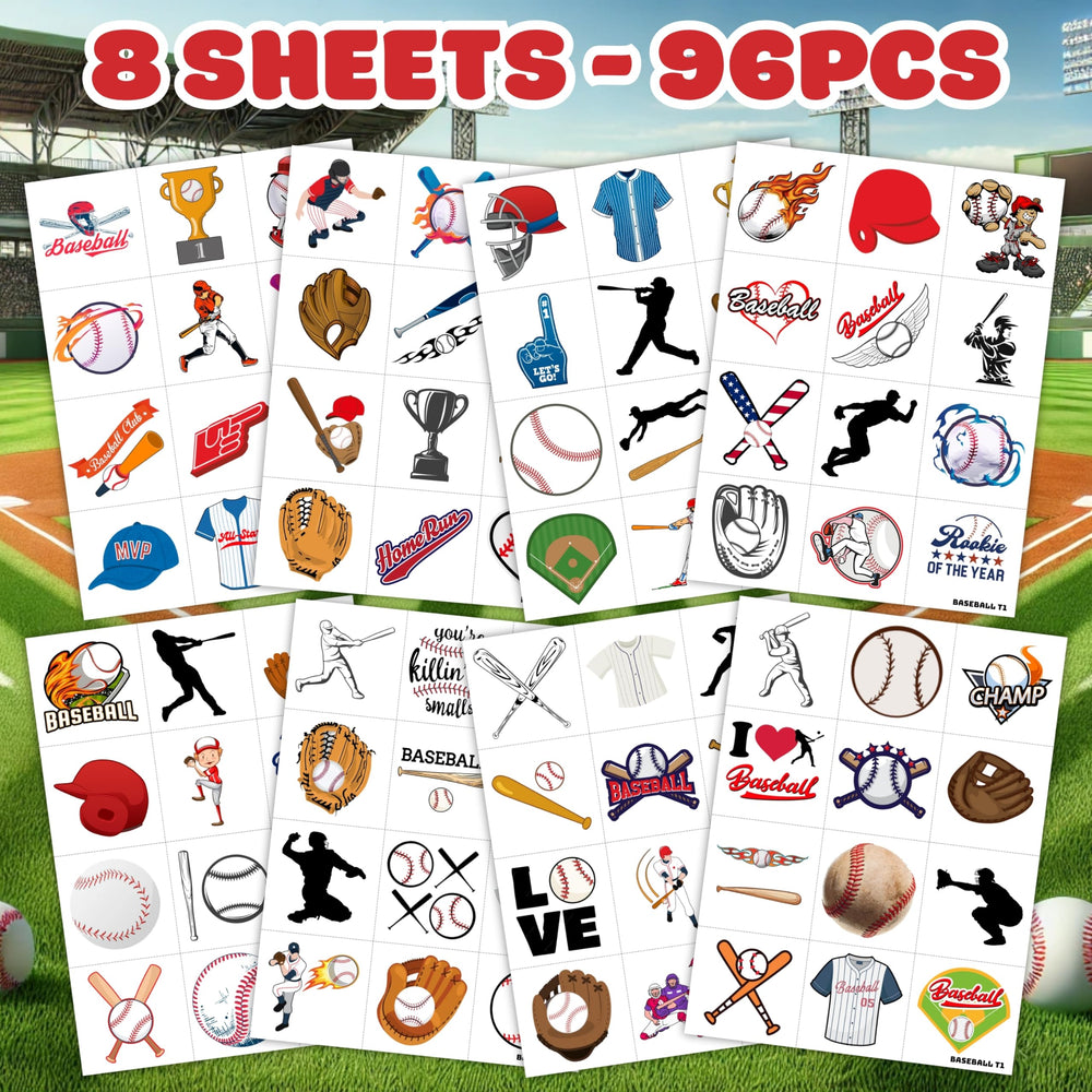 Baseball tattoos 96pcs kid-friendly graphics ideal for classroom rewards.