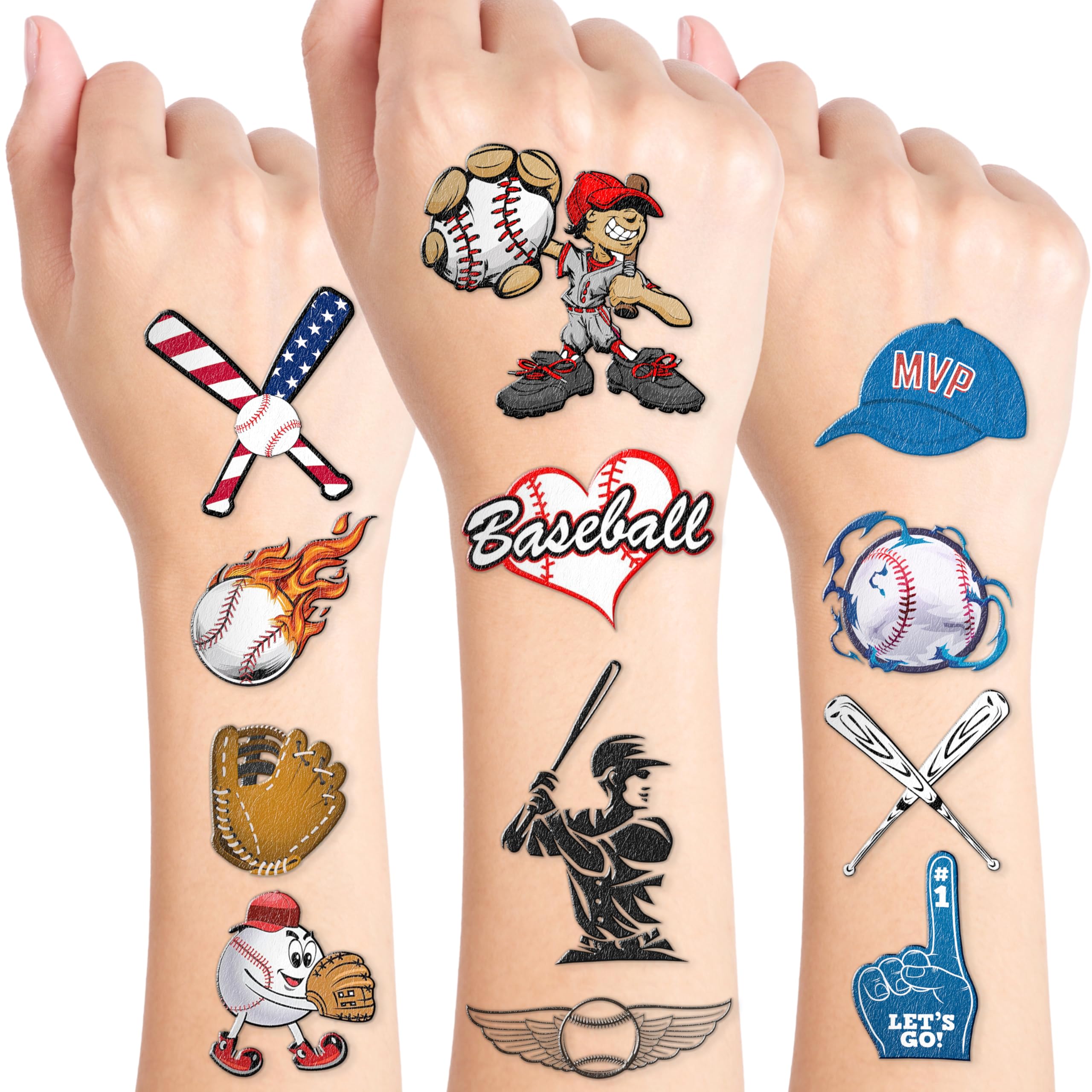Baseball tattoos 96pcs pre-cut sheets provide quick, mess-free party favors.
