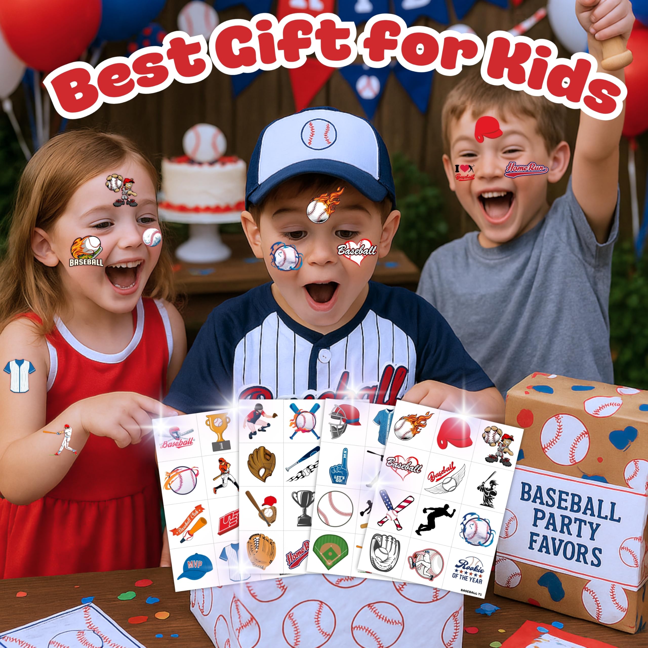 Baseball tattoos 96pcs waterproof designs survive outdoor summer events.