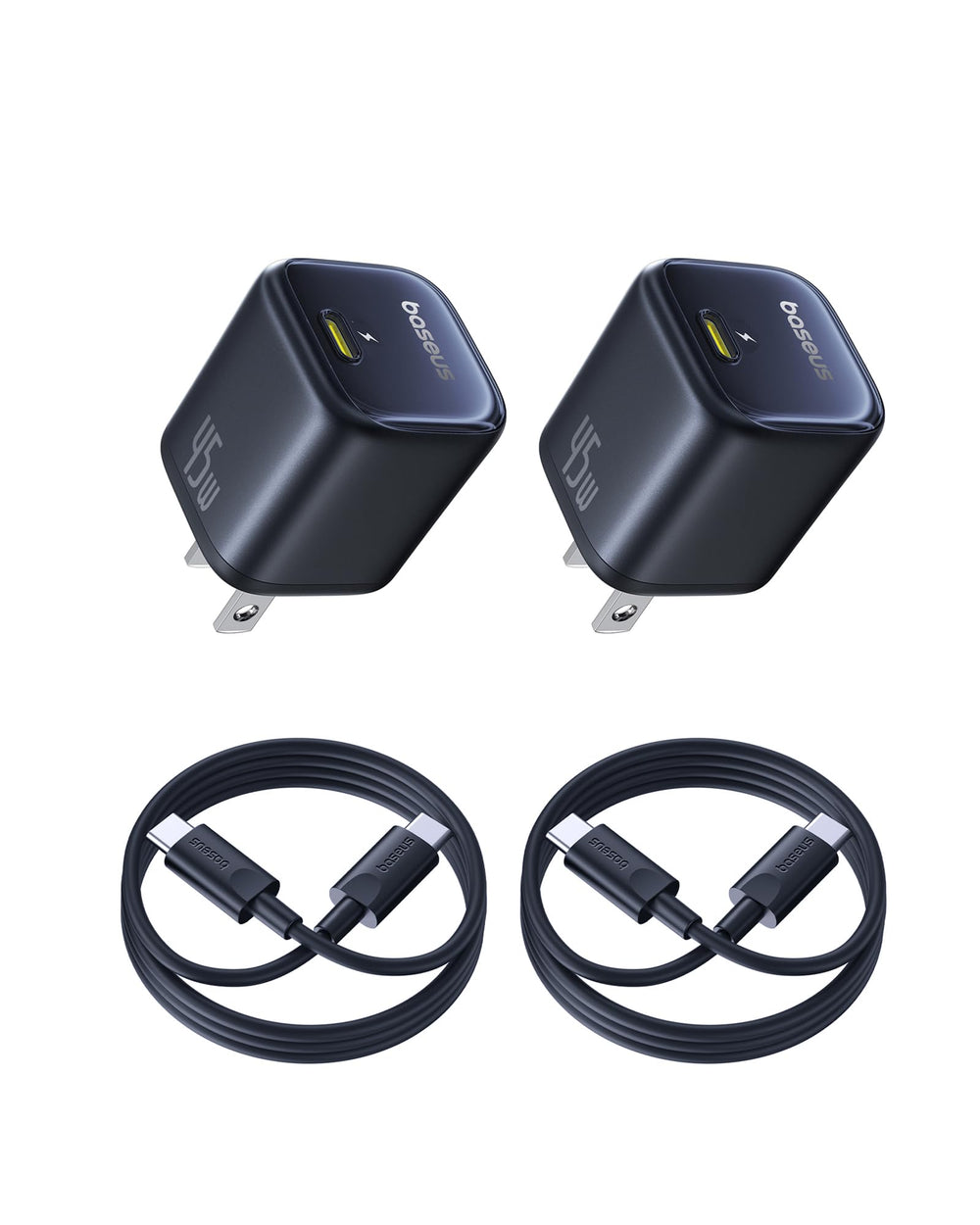 Baseus 45W USB-C charger block, compact design ideal for travel and quick charging.