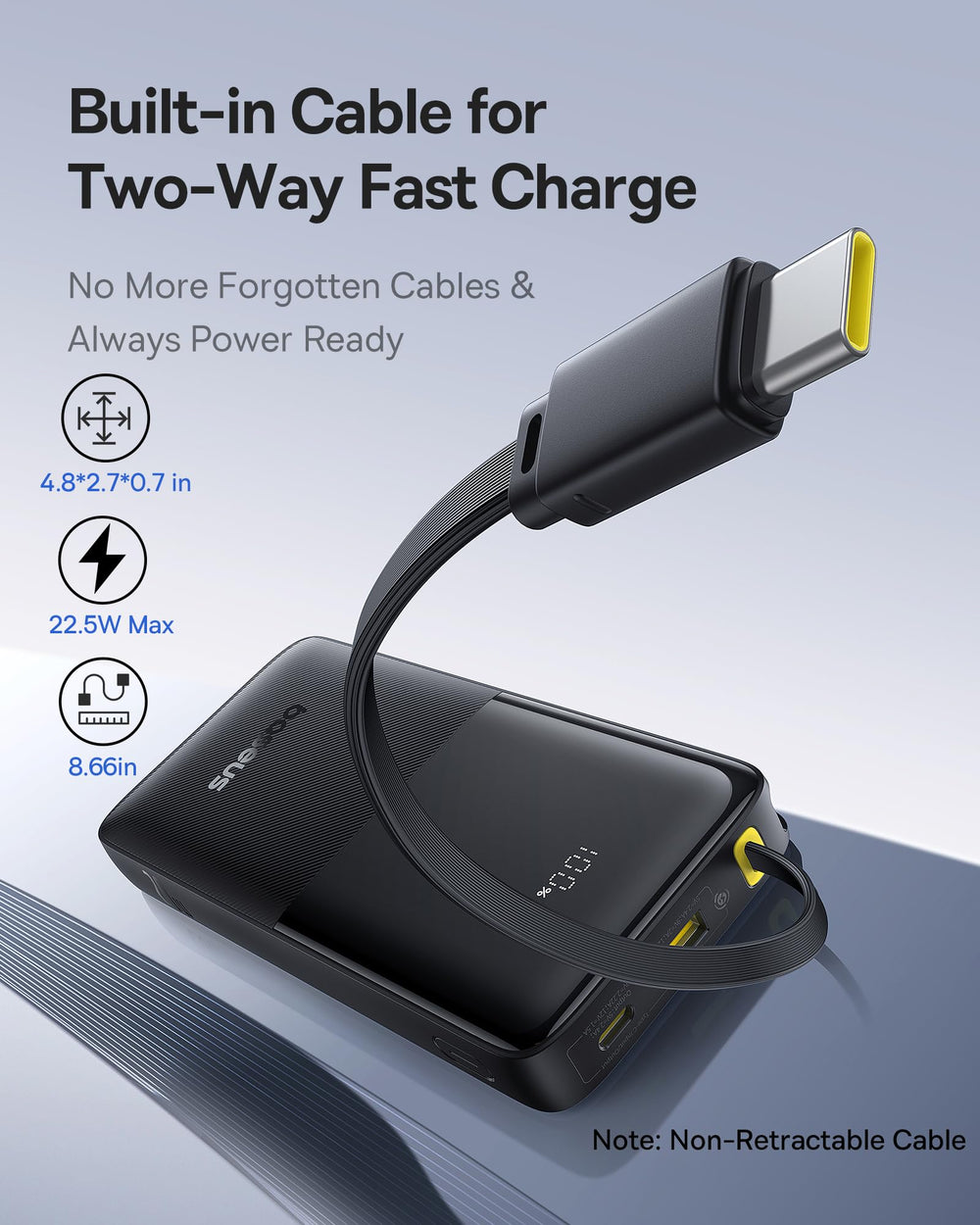 Baseus power bank 22.5W fast charging indicator for rapid top-ups.