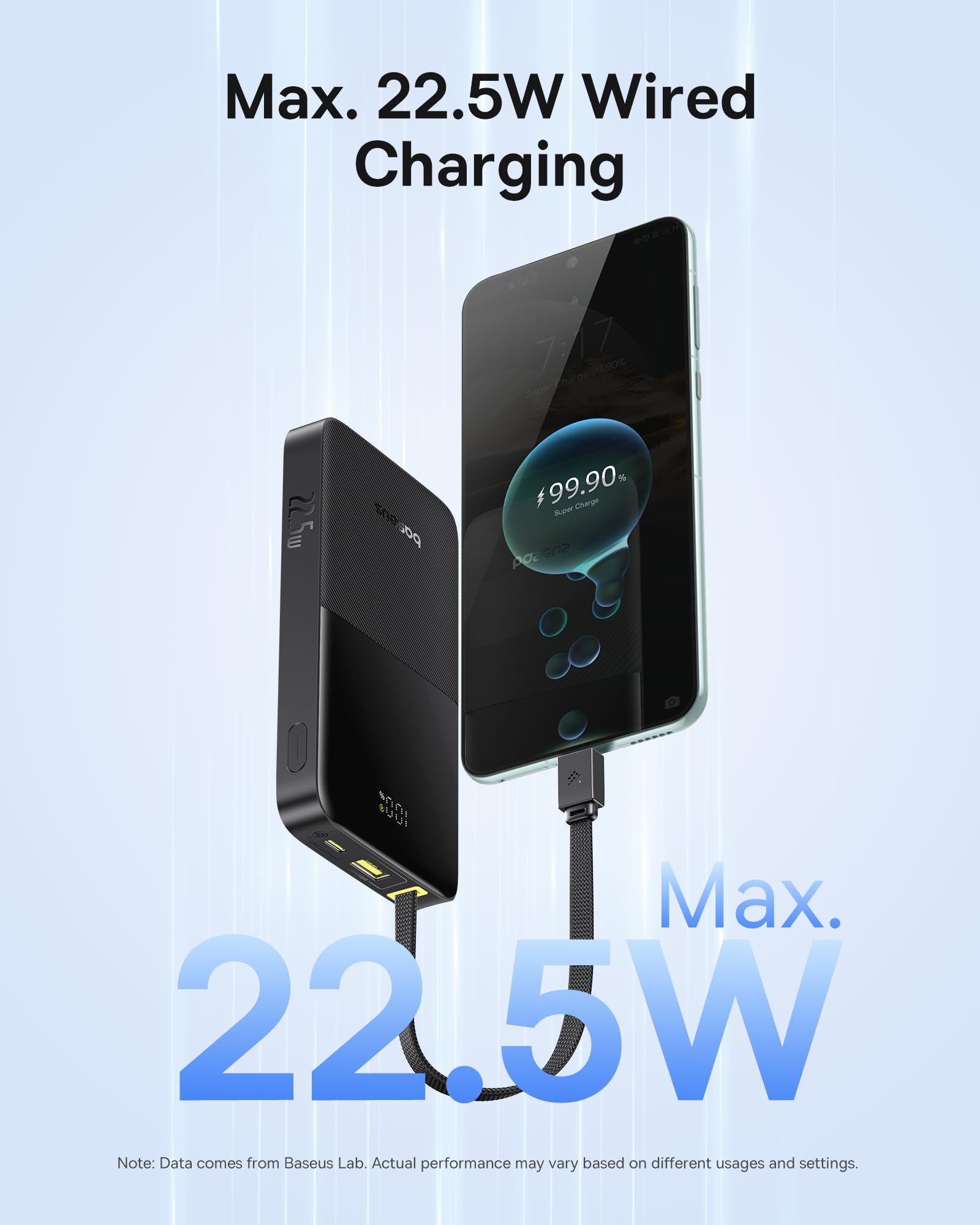 Baseus compact power bank in pocket view for easy portability.