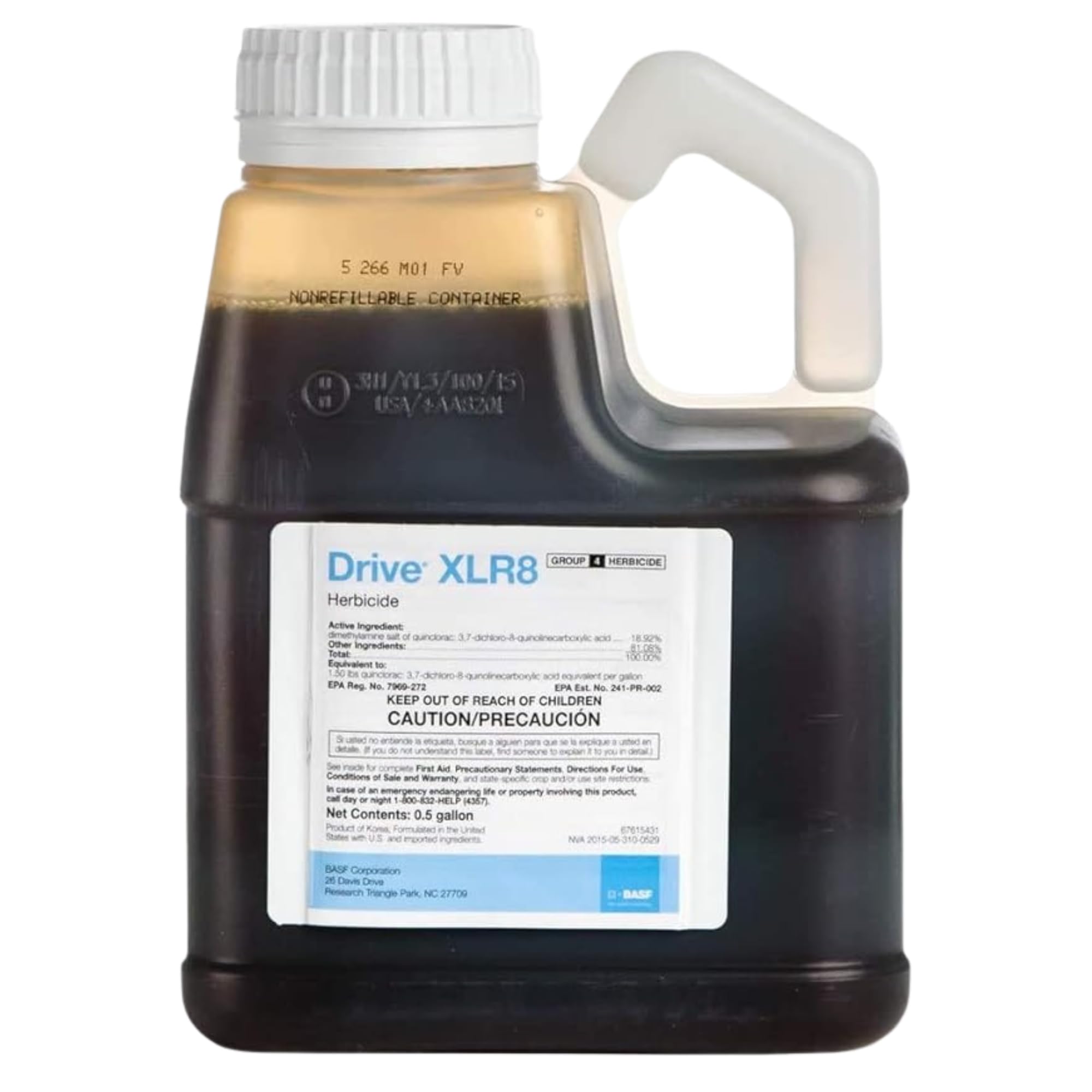 BASF Drive XLR8 crabgrass killer bottle pour for quick lawn weed control.