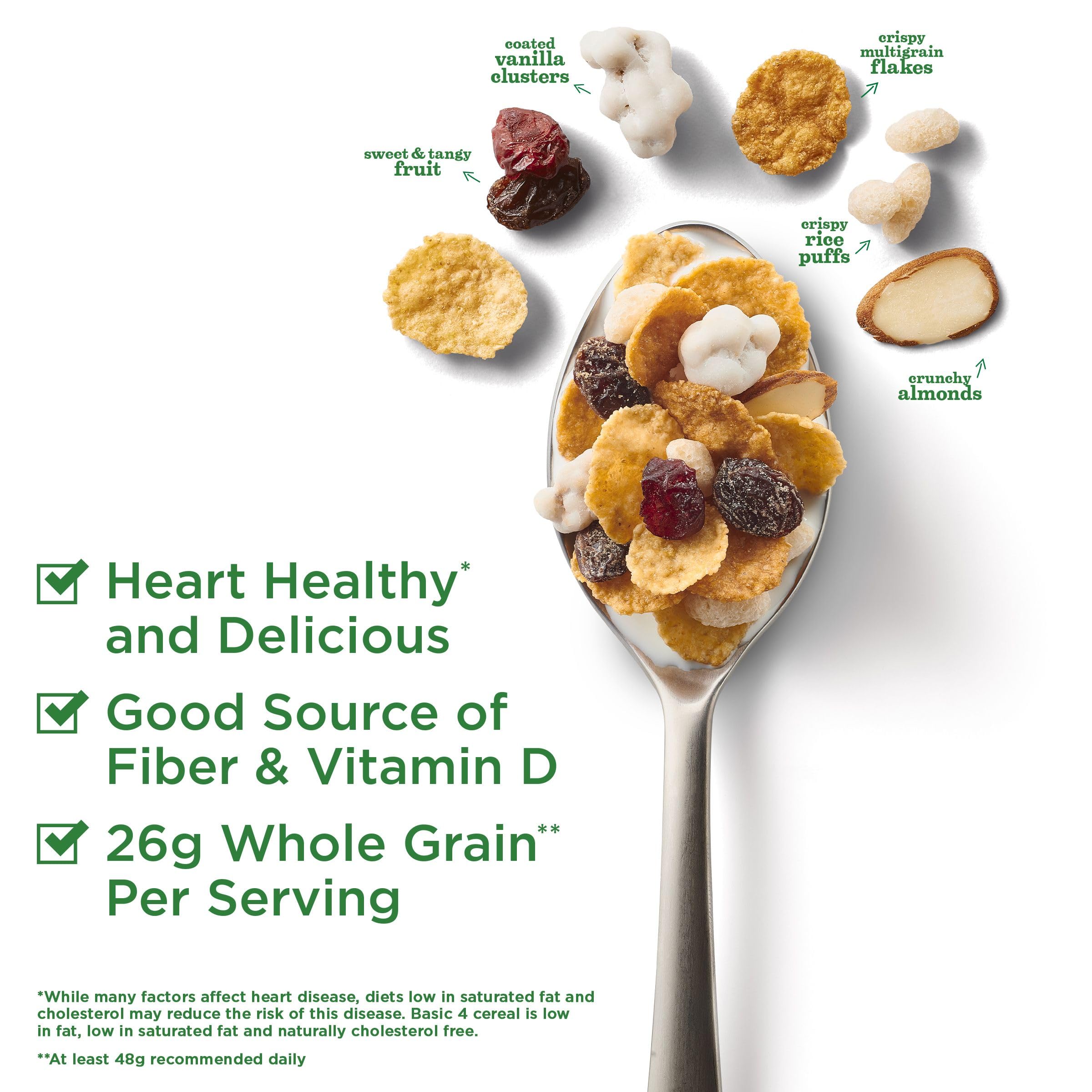 Basic 4 Heart Healthy Cereal whole grain flakes in milk support fiber intake.