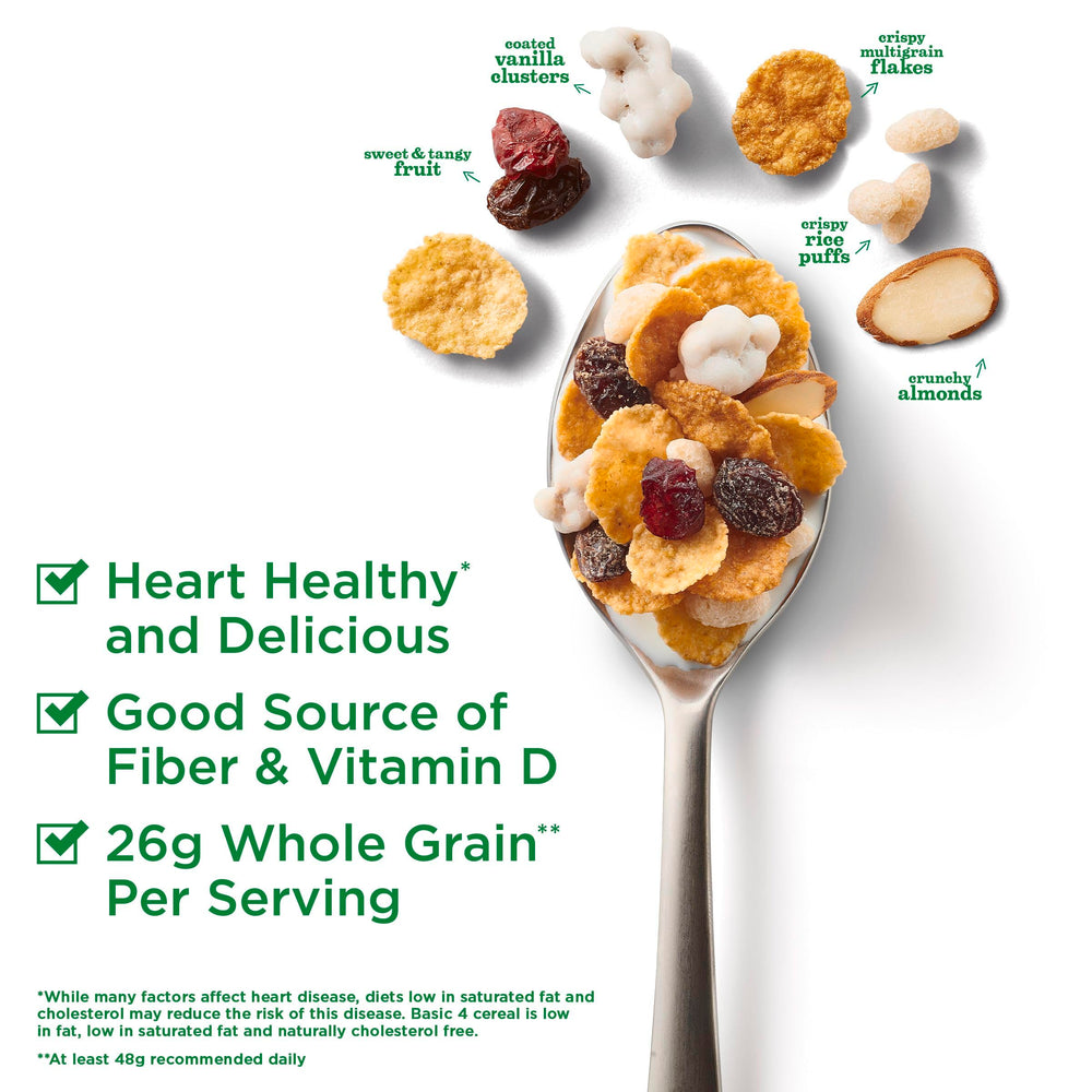 Basic 4 Heart Healthy Cereal whole grain flakes in milk support fiber intake.