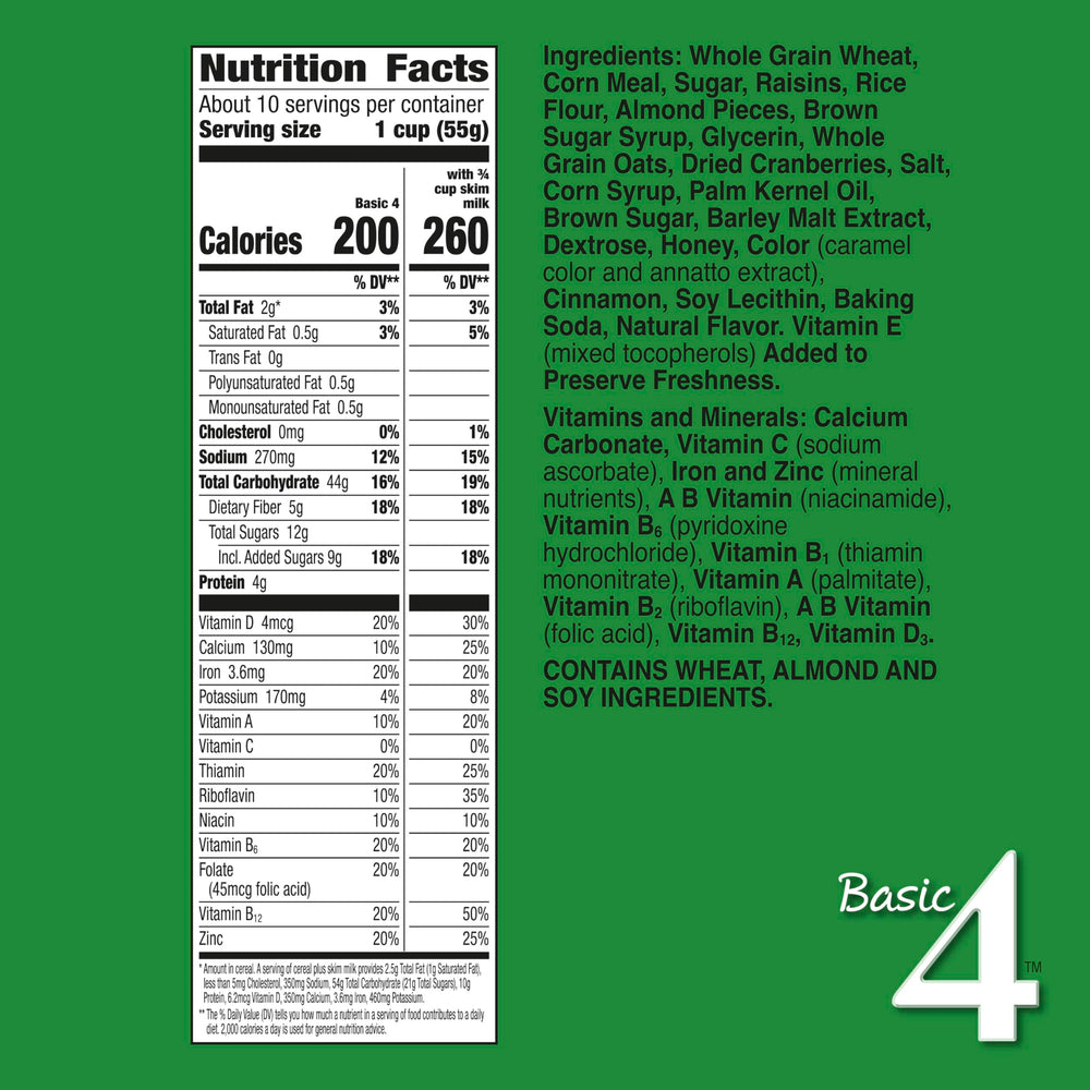 Basic 4 Heart Healthy Cereal multigrain flakes with fruit for a balanced morning.