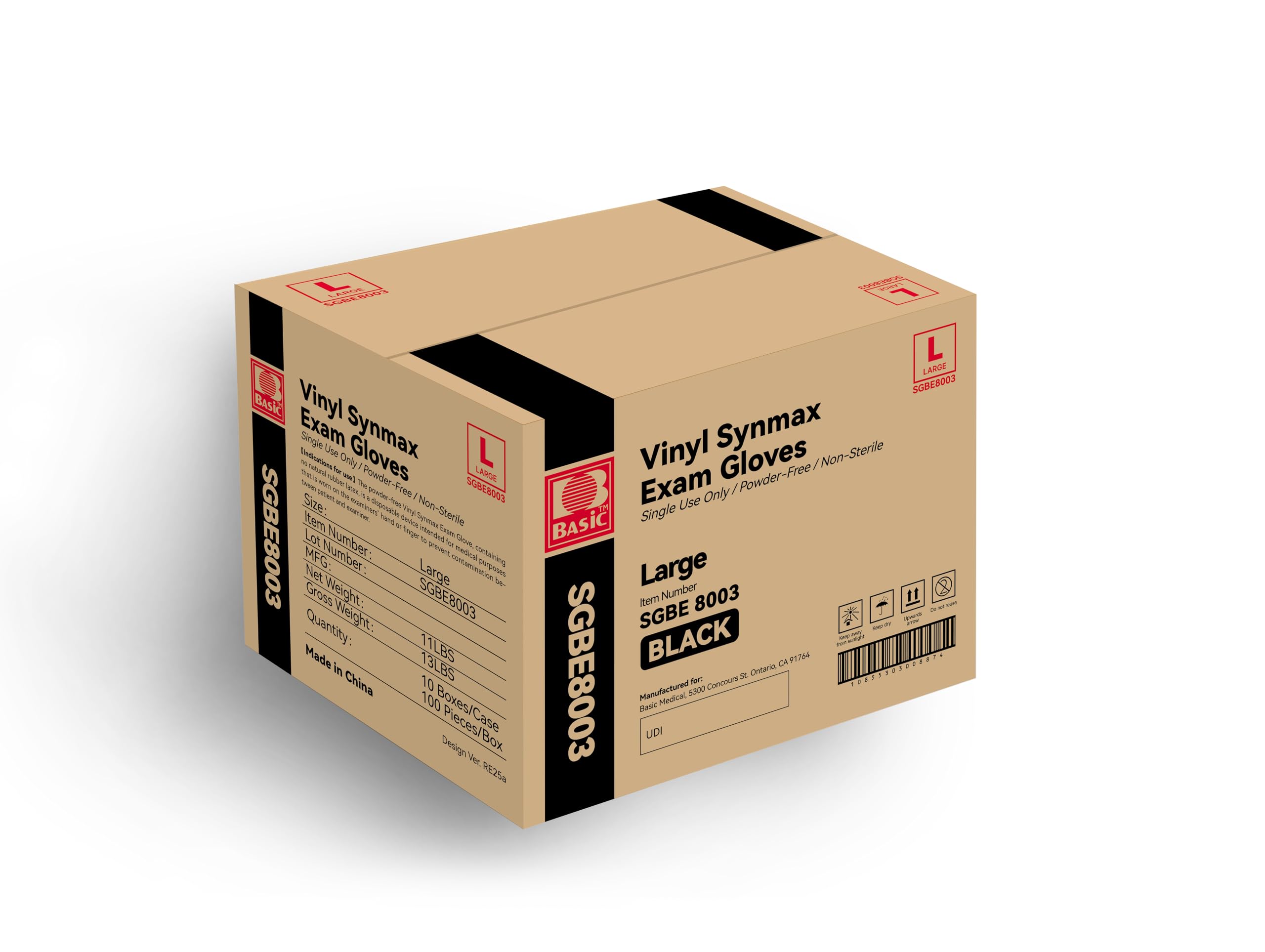 Basic Synmax black vinyl gloves front view for precise examination tasks.