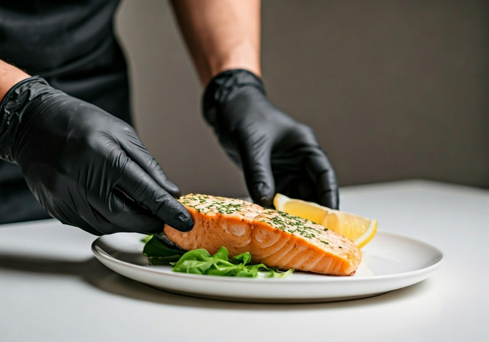Packaging label highlights latex-free and powder-free features of Basic Synmax gloves.
