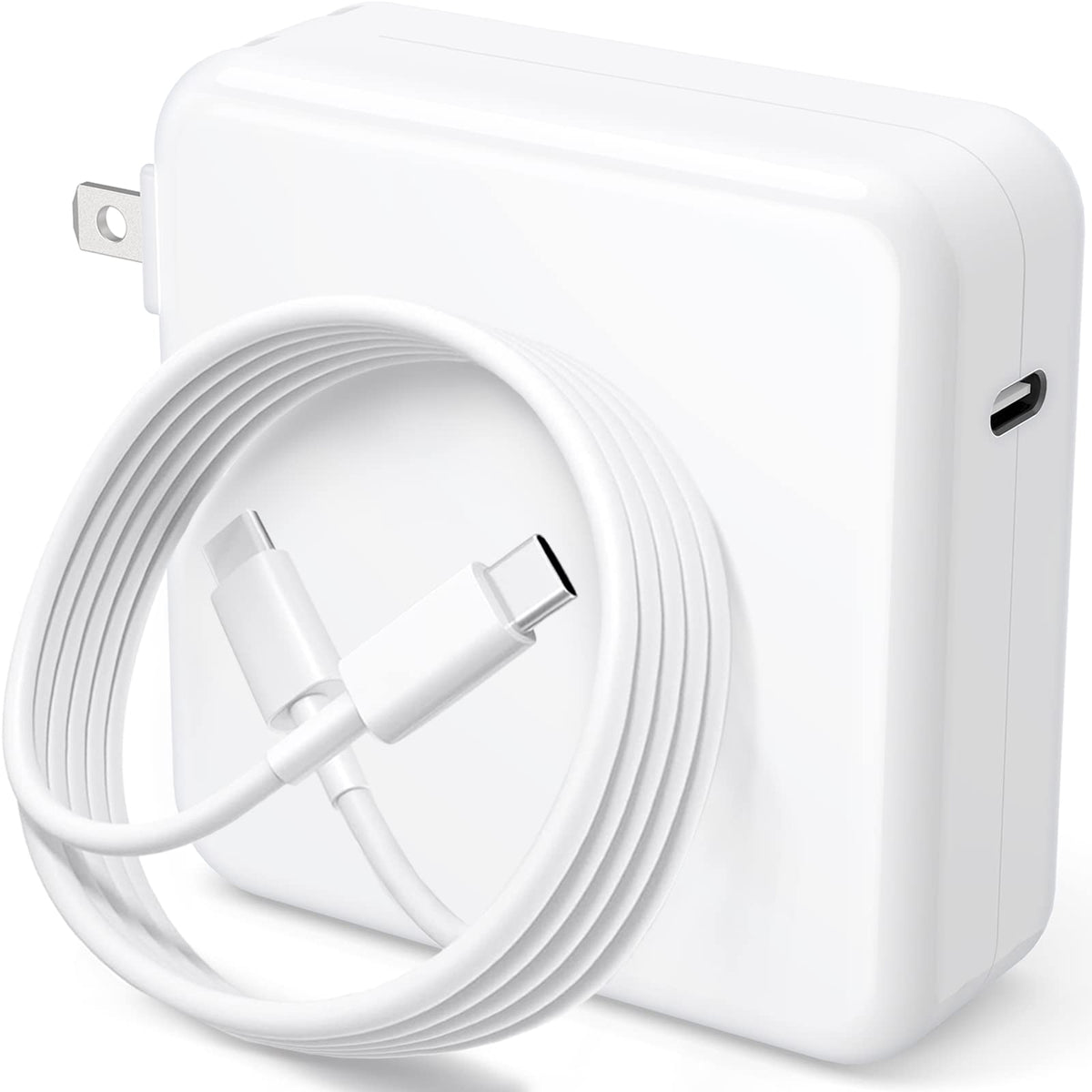 Basickaws MacBook Pro Charger with foldable plug for travel convenience.
