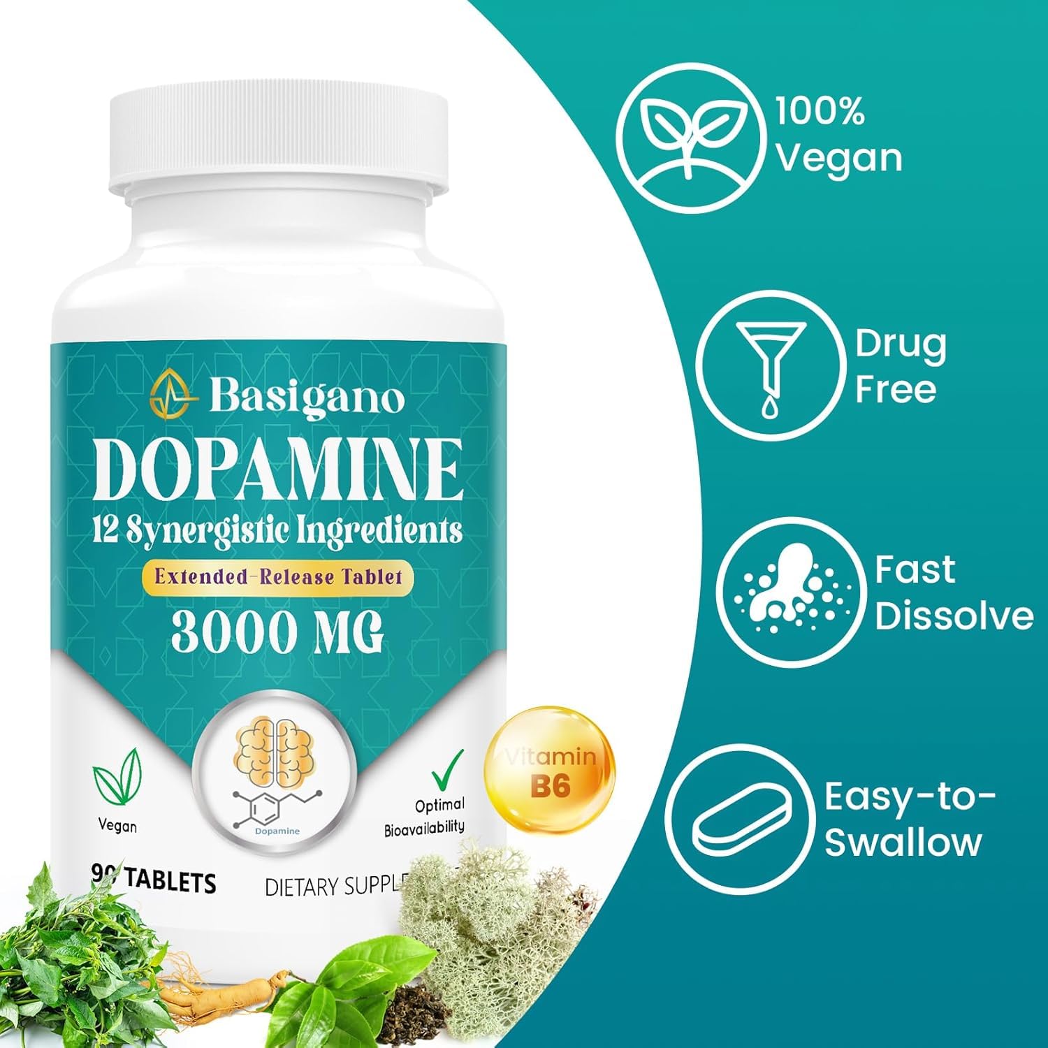 Basigano Dopamine packaging on shelf showing a sustainable, convenient 90-tablet bottle