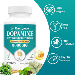 Basigano Dopamine packaging on shelf showing a sustainable, convenient 90-tablet bottle