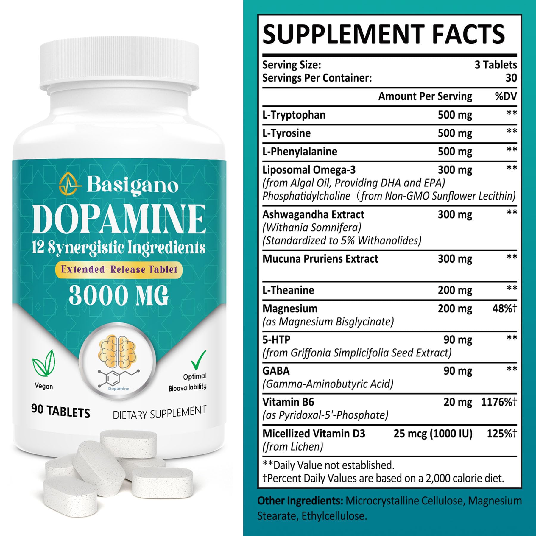 Basigano Dopamine tablets close-up emphasizing the 12-ingredient blend