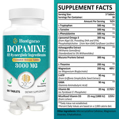 Basigano Dopamine tablets close-up emphasizing the 12-ingredient blend