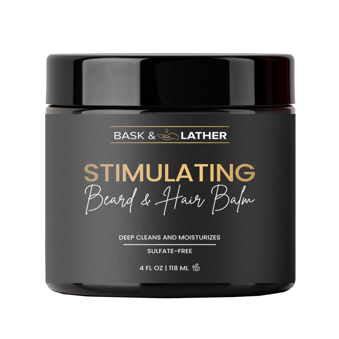 Bask & Lather stimulating balm jar for nourished beard and hair.