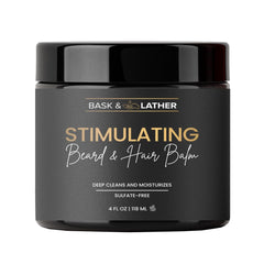 Bask & Lather stimulating balm jar for nourished beard and hair.