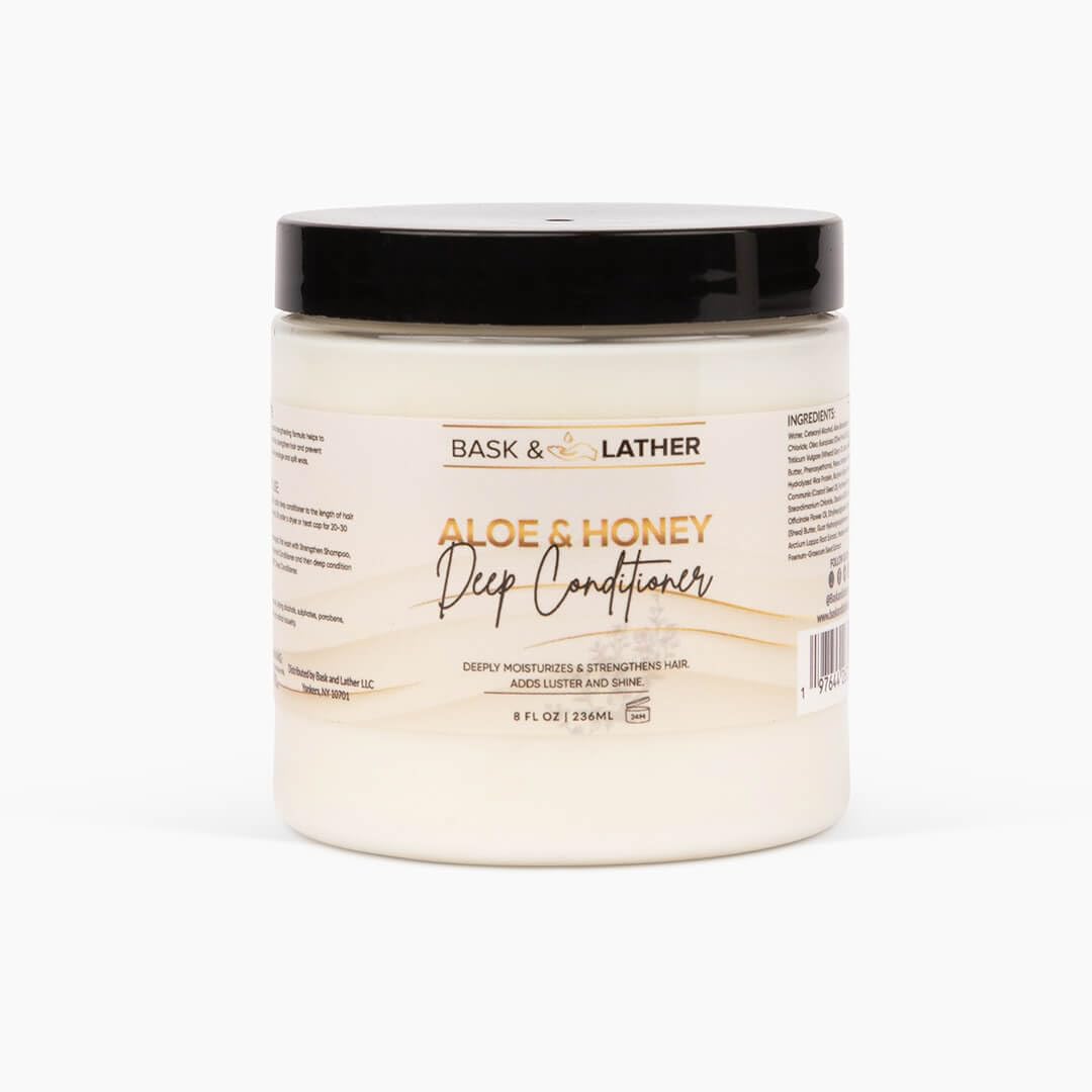 BASK & LATHER Aloe & Honey Deep Conditioner jar for hydrated, shiny hair and frizz control.