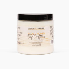 BASK & LATHER Aloe & Honey Deep Conditioner jar for hydrated, shiny hair and frizz control.