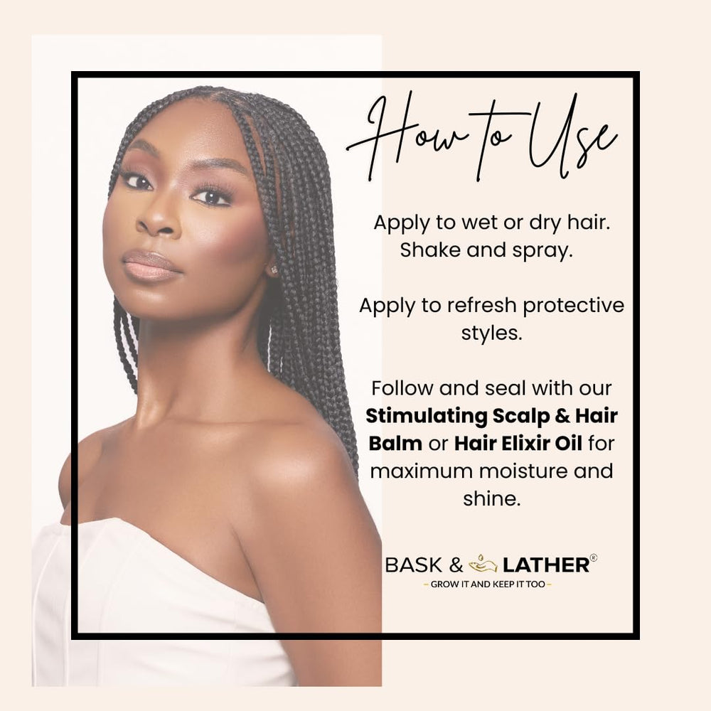 BASK AND LATHER Hydrating Hair Mist detangles damp hair easily.