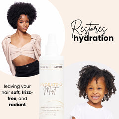BASK AND LATHER Hydrating Hair Mist on curls for shine and definition.