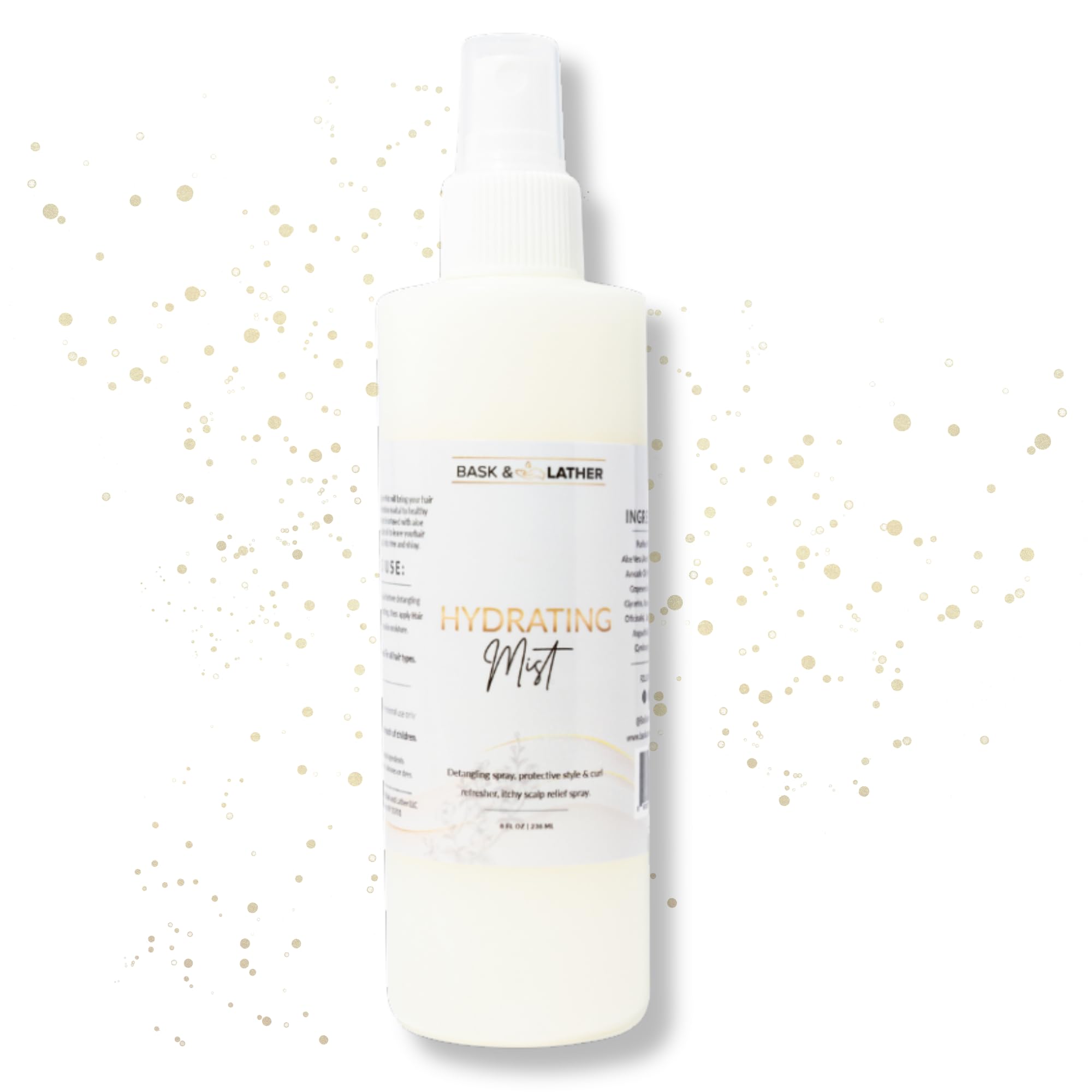 BASK AND LATHER Hydrating Hair Mist bottle for detangling and hydration.