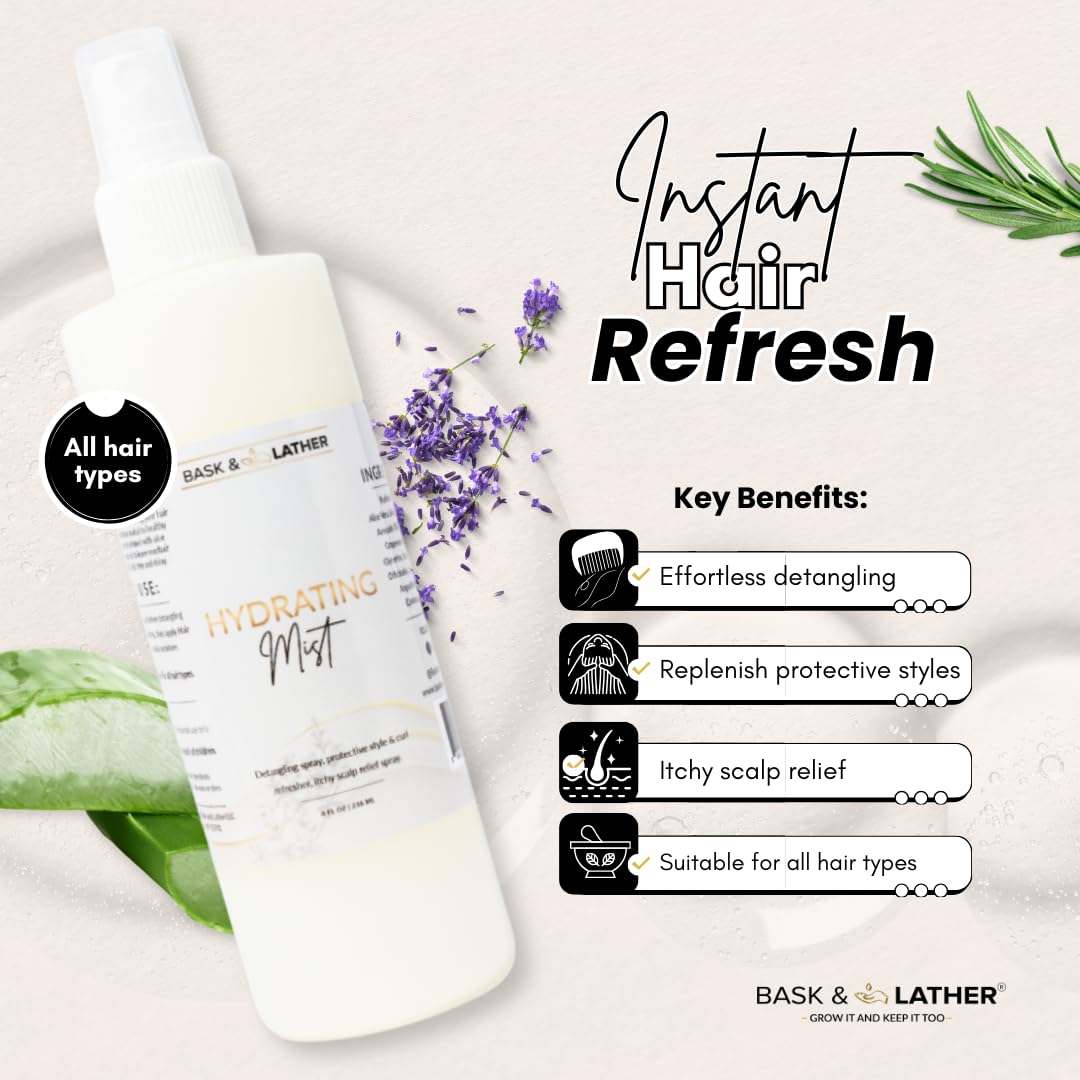 BASK AND LATHER Hydrating Hair Mist spray shown for quick refresh.