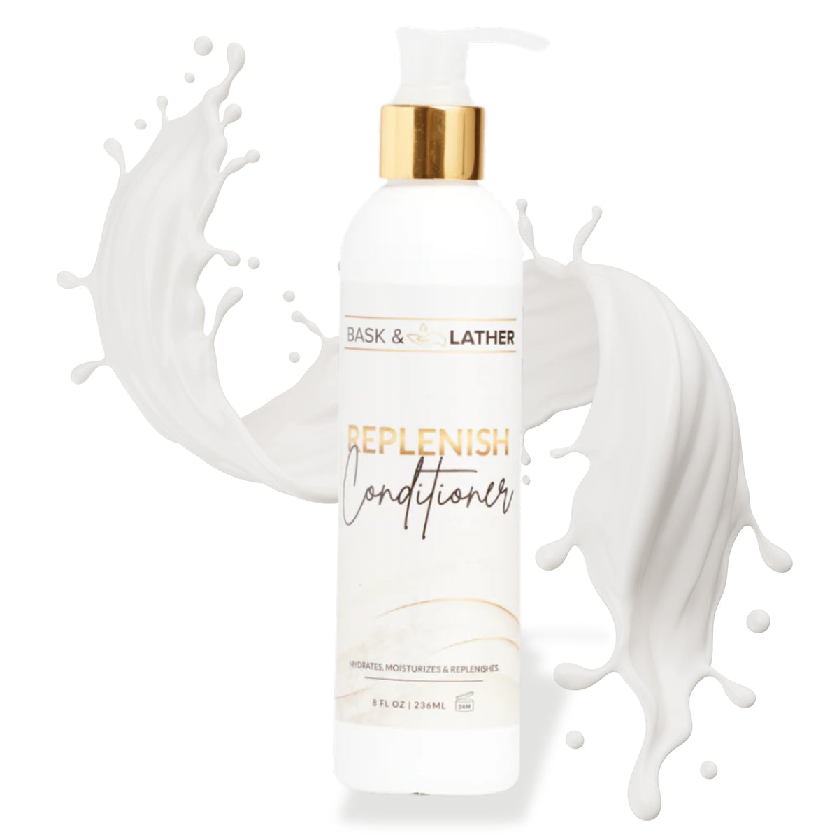 BASK & LATHER Replenish conditioner bottle highlighting deep hydration for all hair types