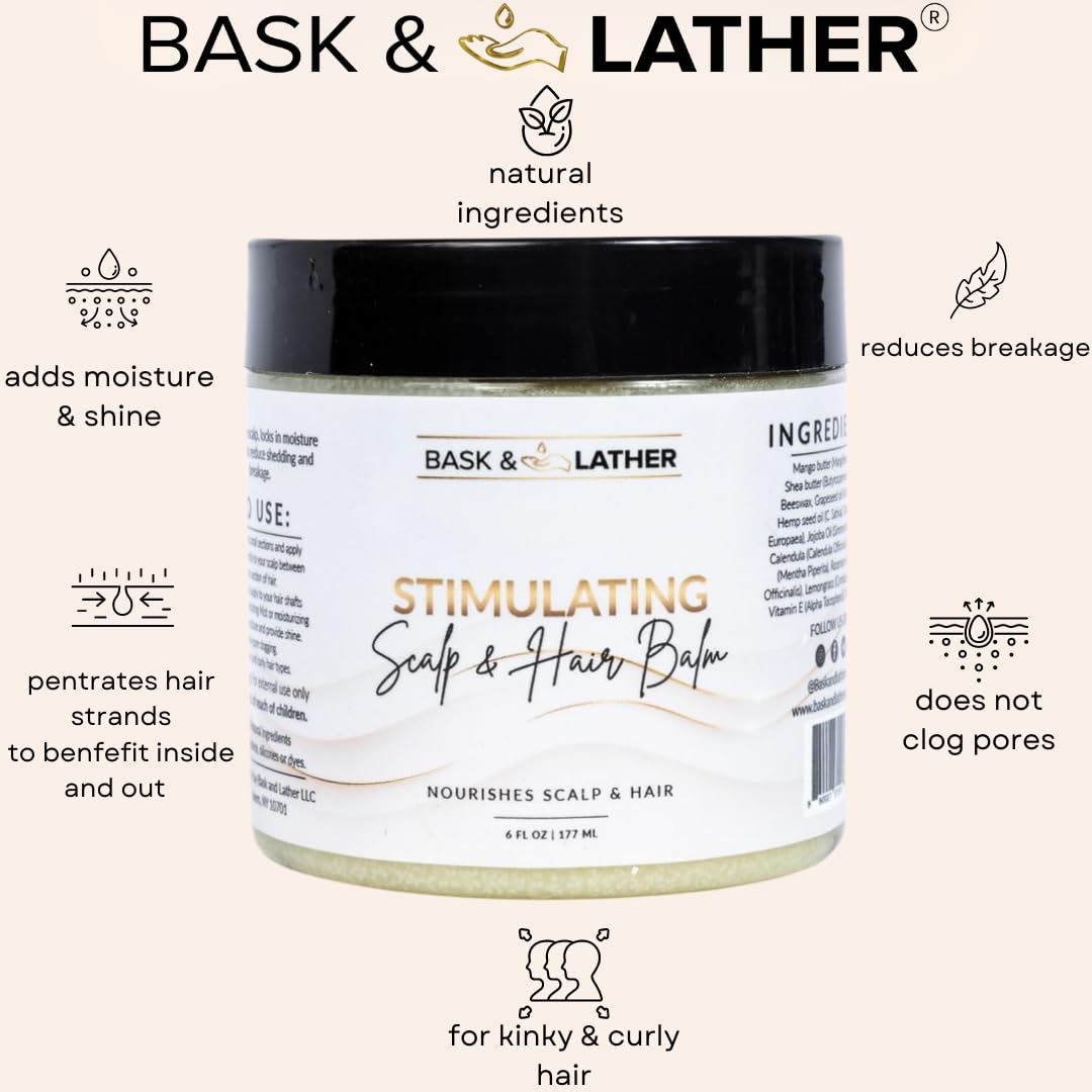 Bask & Lather balm ingredients close-up highlighting mango and shea butter for smoothness.