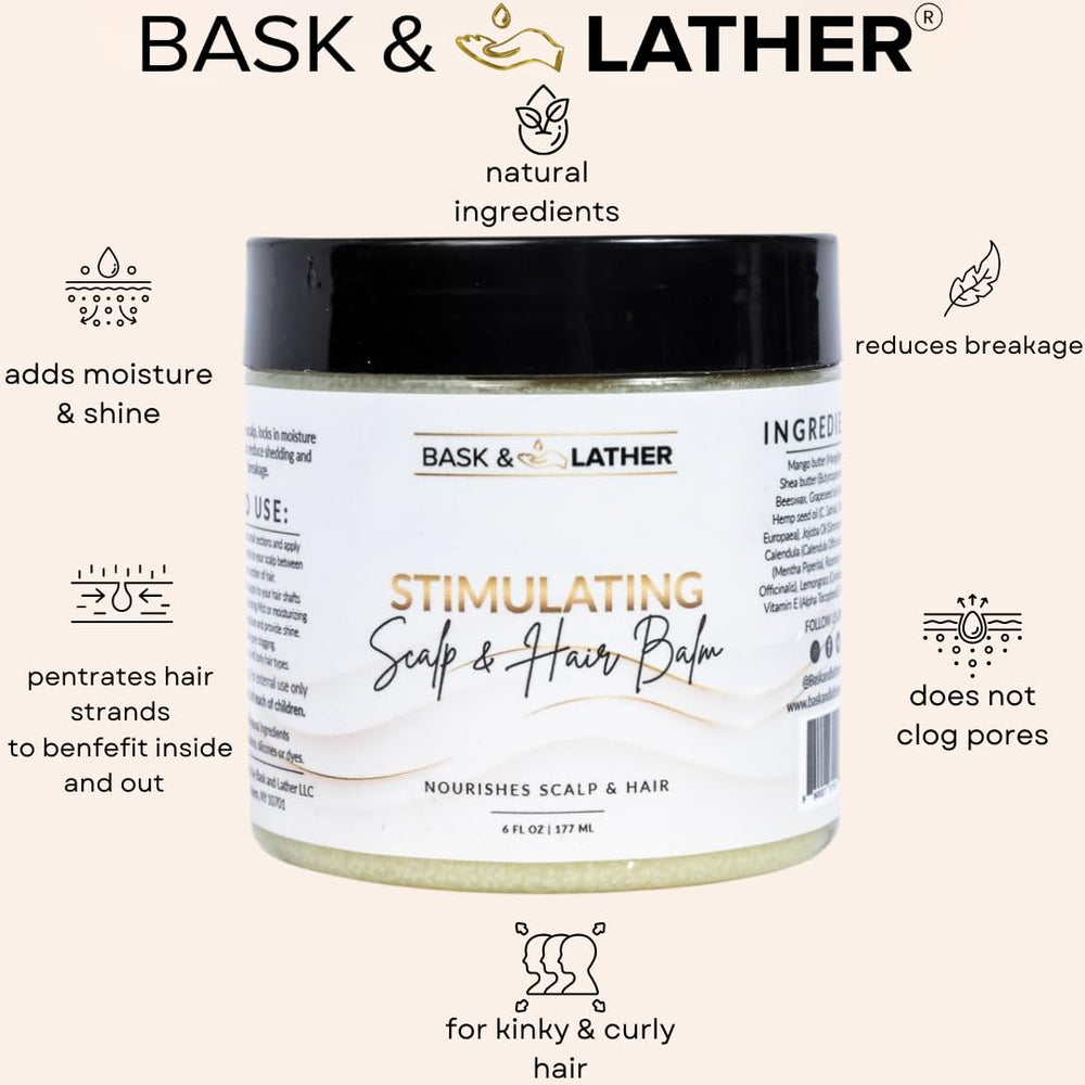 Bask & Lather balm ingredients close-up highlighting mango and shea butter for smoothness.