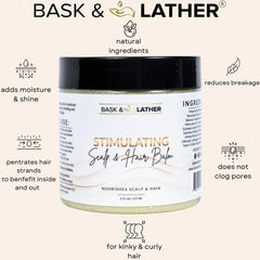 Bask & Lather balm ingredients close-up highlighting mango and shea butter for smoothness.