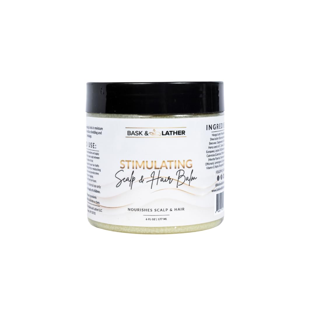 Bask & Lather Stimulating Scalp Balm jar close-up with cooling peppermint and nourishing oils.