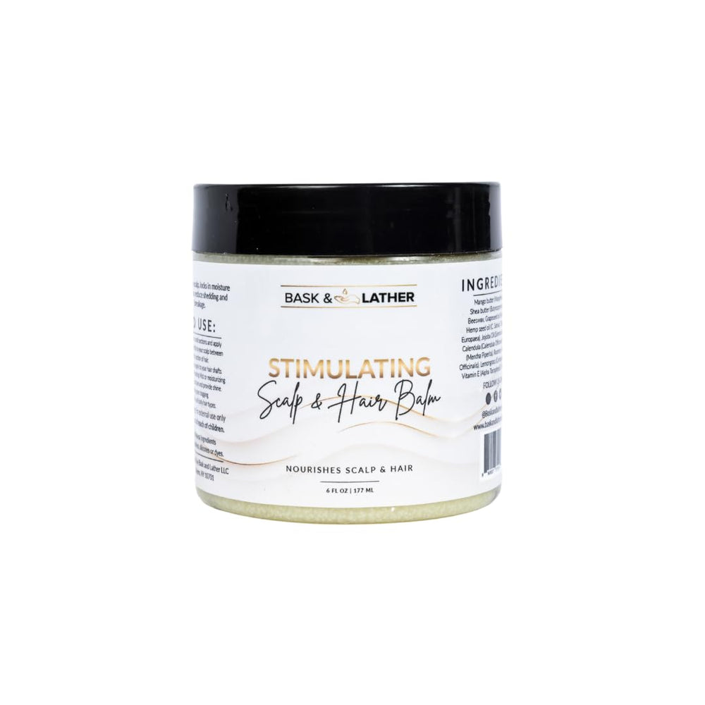 Bask & Lather Stimulating Scalp Balm jar close-up with cooling peppermint and nourishing oils.
