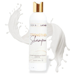 BASK & LATHER Strengthen Shampoo bottle shows all-natural cleansing for healthy hair.