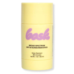 Bask SPF 50 sunscreen stick for easy face and lip application.
