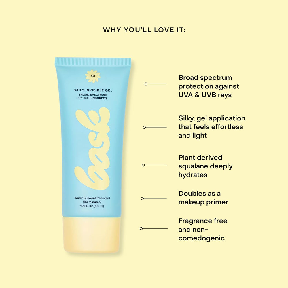 Bask Suncare SPF 40 lotion highlights dermatologist-approved protection for sensitive skin.