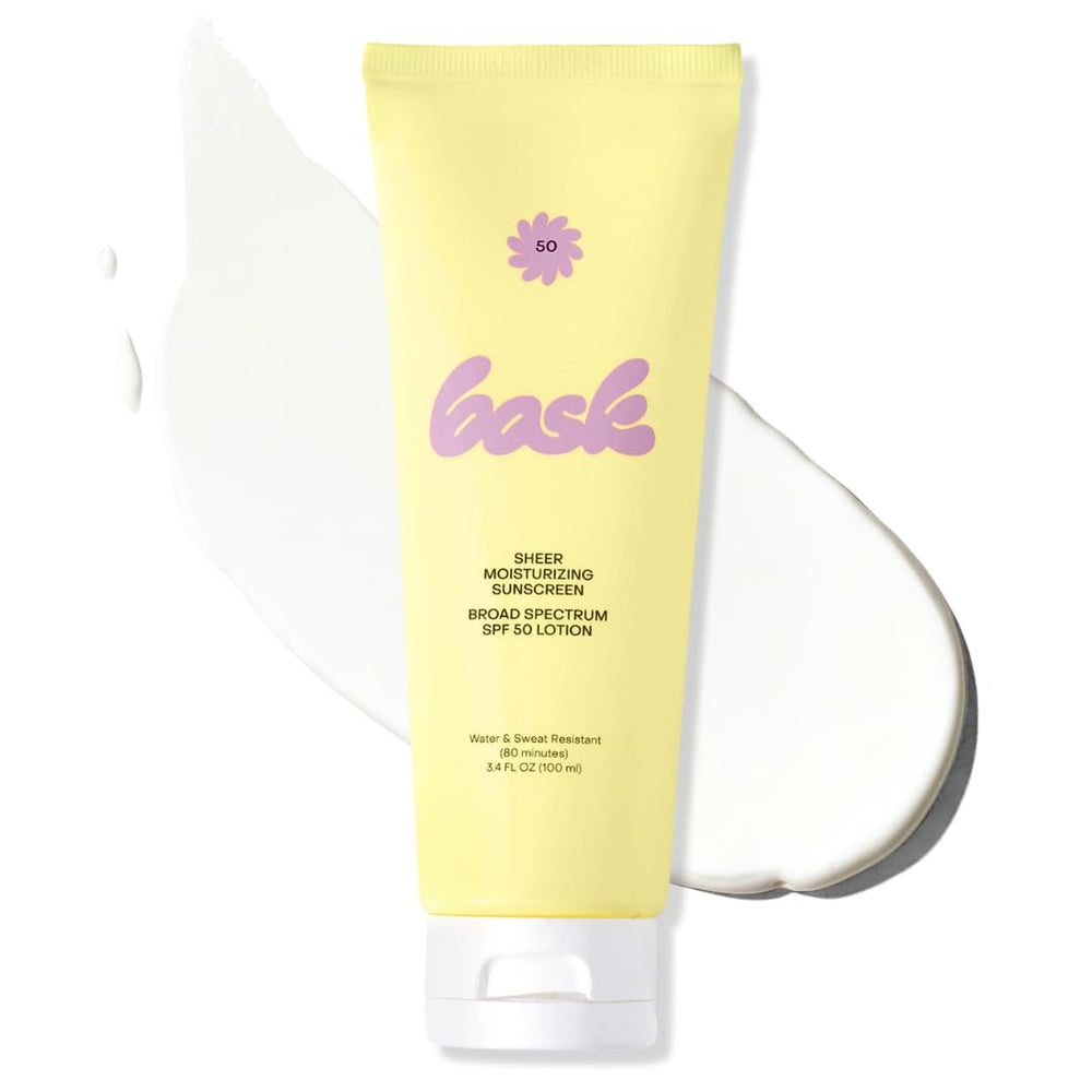 Bask Suncare SPF 50 bottle with sheer lotion applying on skin for outdoor activity