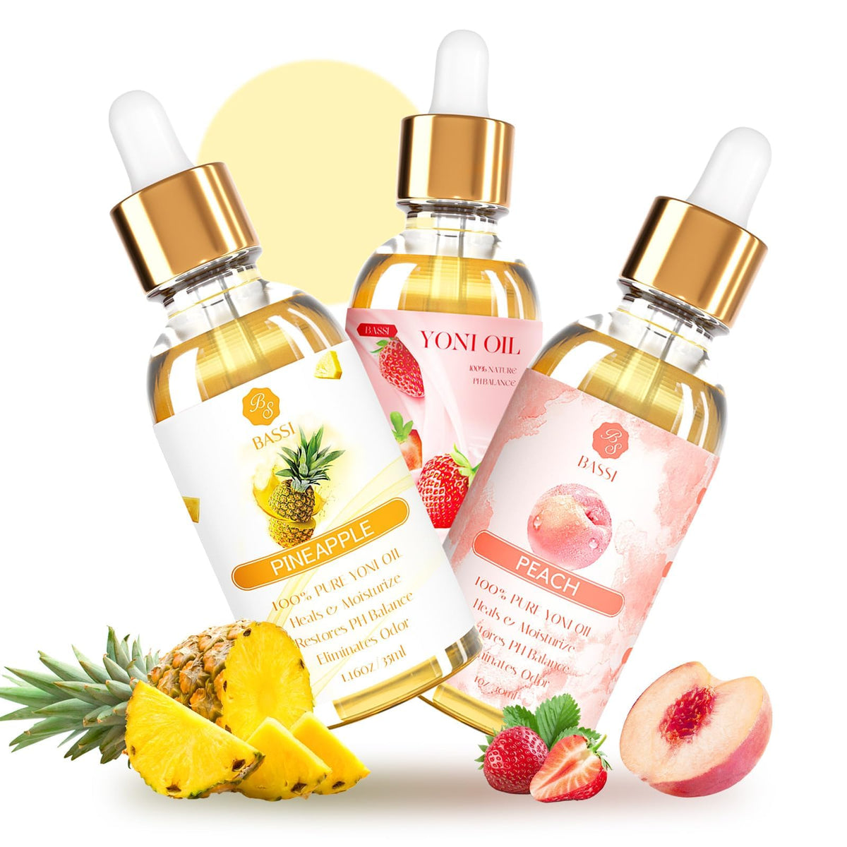 BASSI Yoni Oil 3-pack bottles front for balanced pH and moisture.
