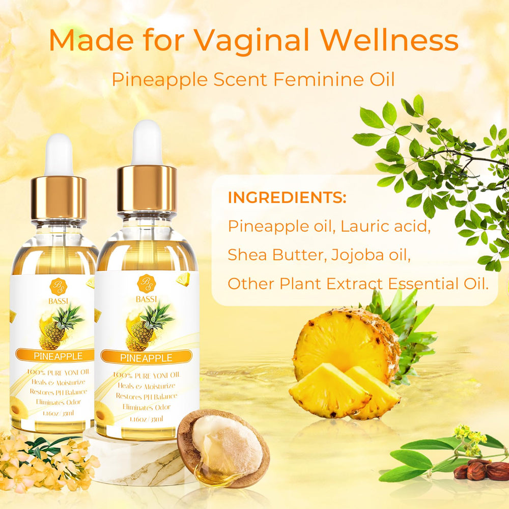 BASSI Yoni Oil natural ingredients illustration emphasizes skin-friendly formula.