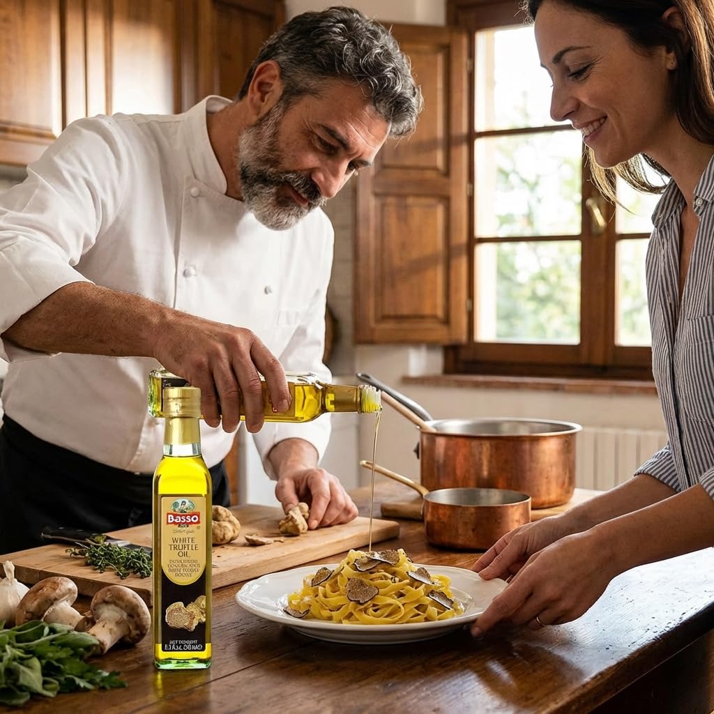 BASSO 1904 truffle olive oil dressing bottle elevates salads.