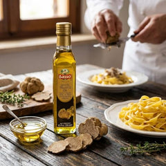BASSO 1904 white truffle oil pour for a precise finishing drizzle.