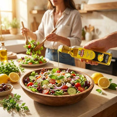BASSO 1904 lemon oil drizzled over a bowl of fresh salad