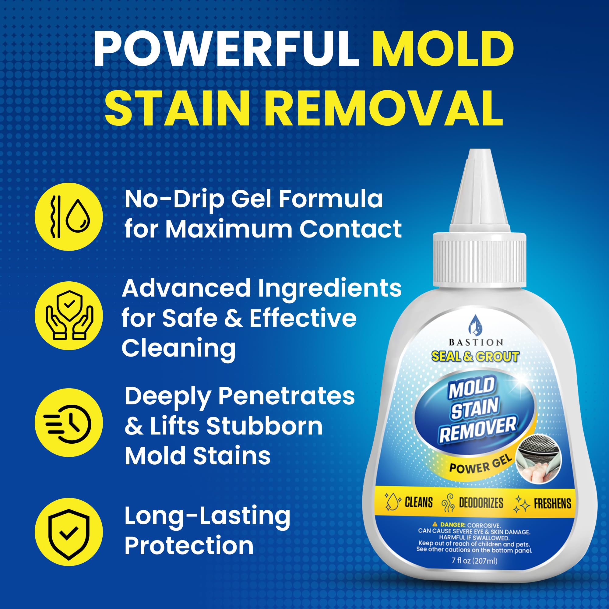 Bastion Mold Stain Remover Power Gel no-drip application preserves vertical surfaces while treating stains