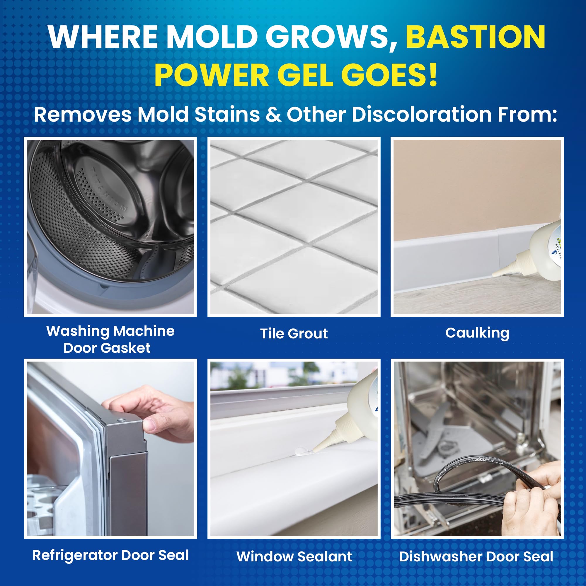 Bastion Mold Stain Remover Power Gel on shower caulk delivers long-lasting mold control and easy wipe-off