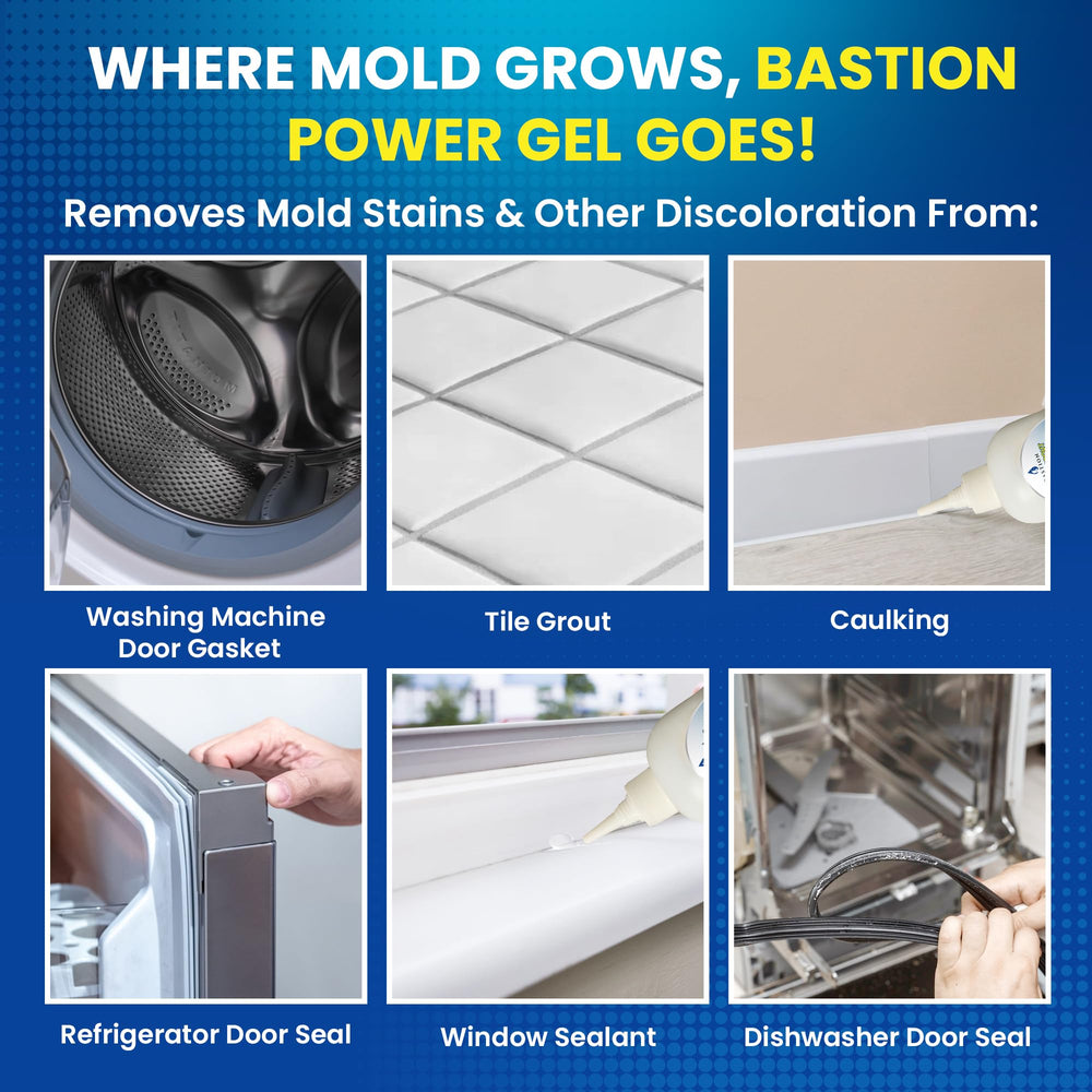 Bastion Mold Stain Remover Power Gel on shower caulk delivers long-lasting mold control and easy wipe-off