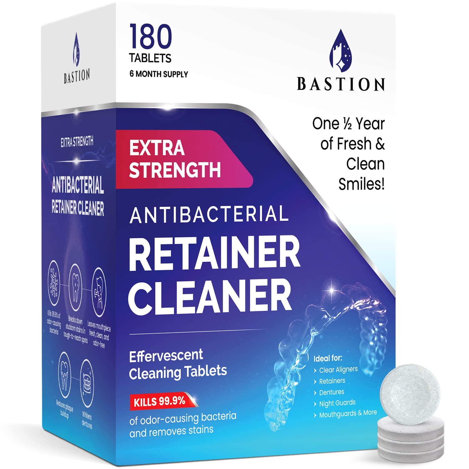 Bastion oral appliance cleaner tablets compatible with all devices