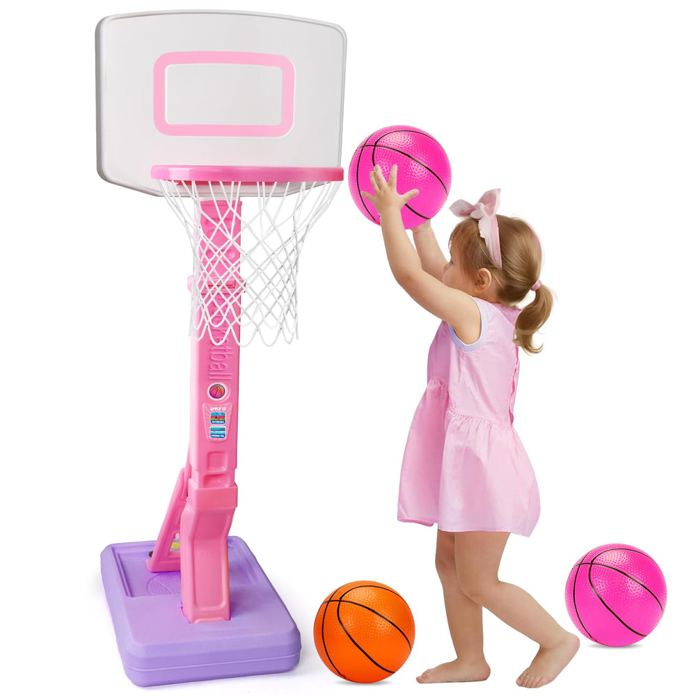 Basytodio toddler pink basketball hoop assembly for quick indoor setup.