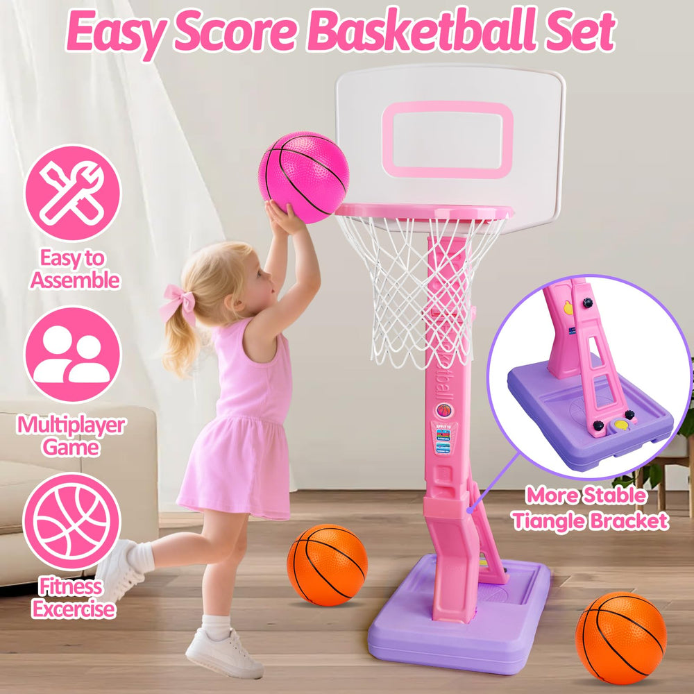 Basytodio toddler pink basketball hoop height gears showing adjustable range for growth.