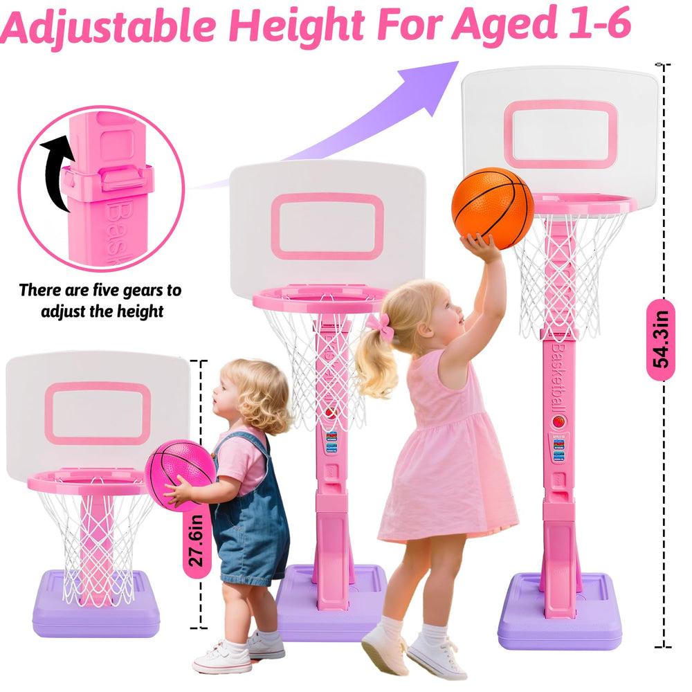 Basytodio toddler pink basketball hoop three included balls for quick games.