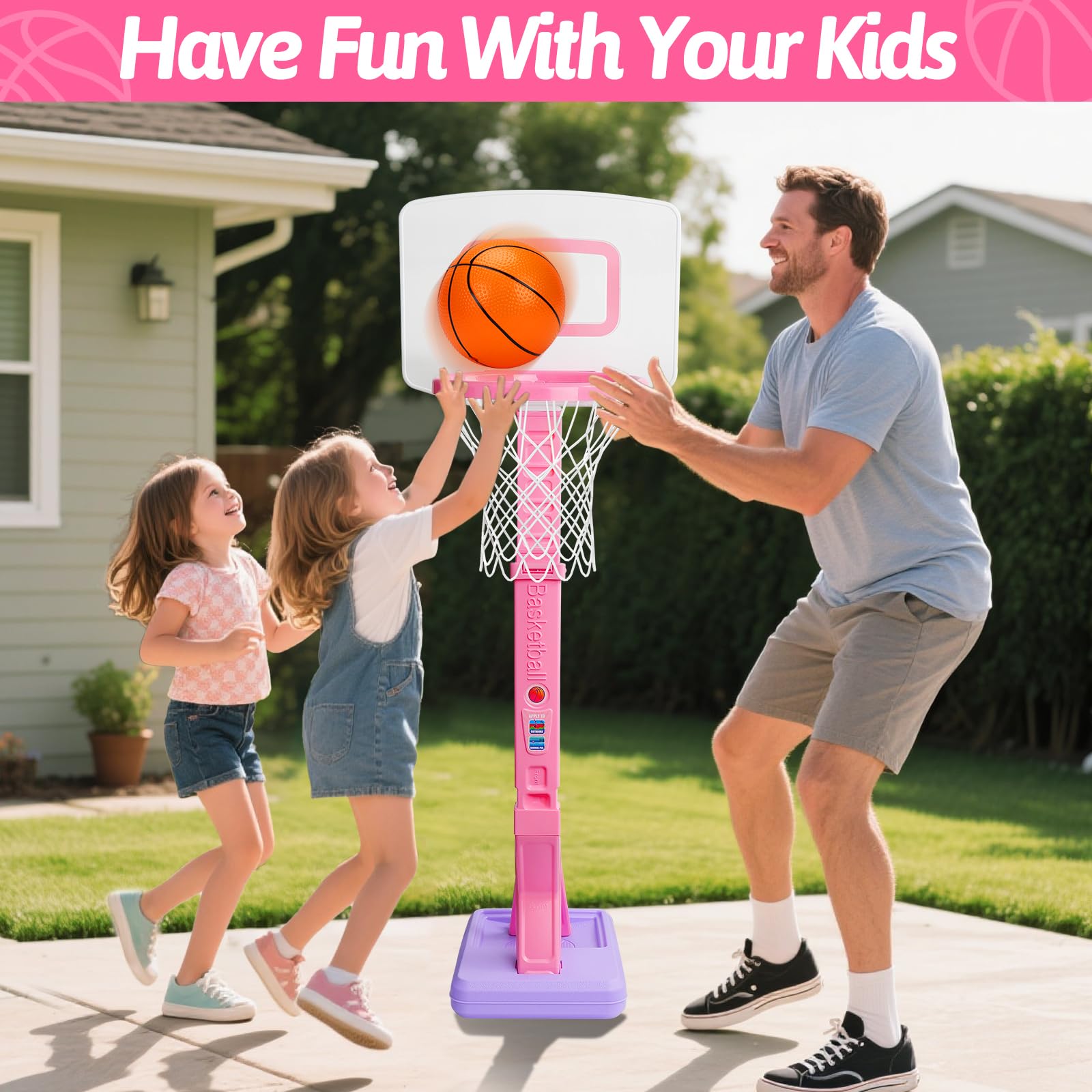 Basytodio toddler pink basketball hoop indoor outdoor use for versatile spaces.