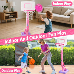 Basytodio toddler pink basketball hoop stable base helps prevent tipping during play.