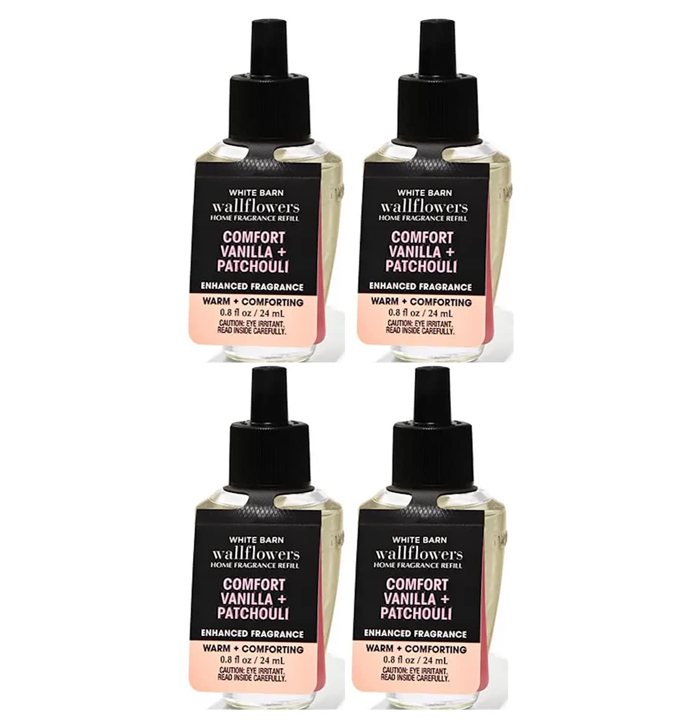Bath & Body Works Comfort Vanilla Patchouli refill bottle for Wallflowers, lasting room fragrance.
